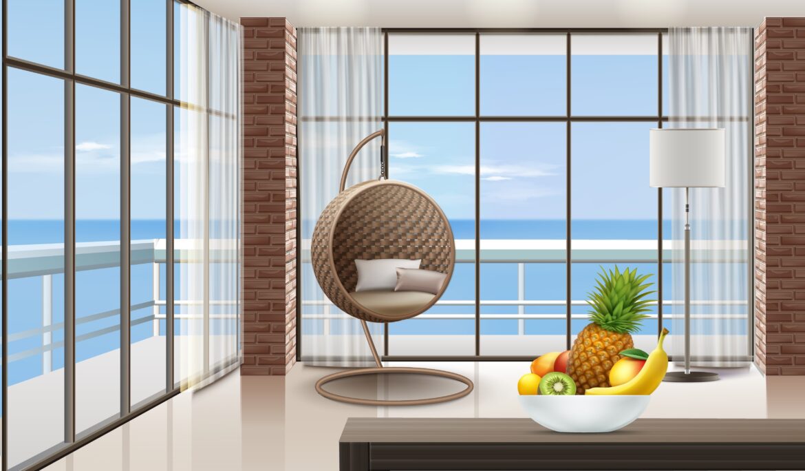 Dubai modern coastal living room with floor to ceiling windows and hanging egg chair | Dubai modern coastal living room with floor-to-ceiling windows and hanging egg chair by DubaiRenovate