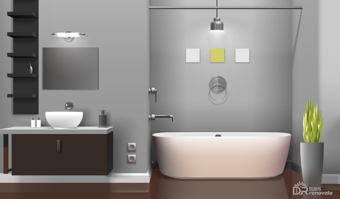 Dubai modern minimalist bathroom with freestanding white tub and grey wall by DubaiRenovate