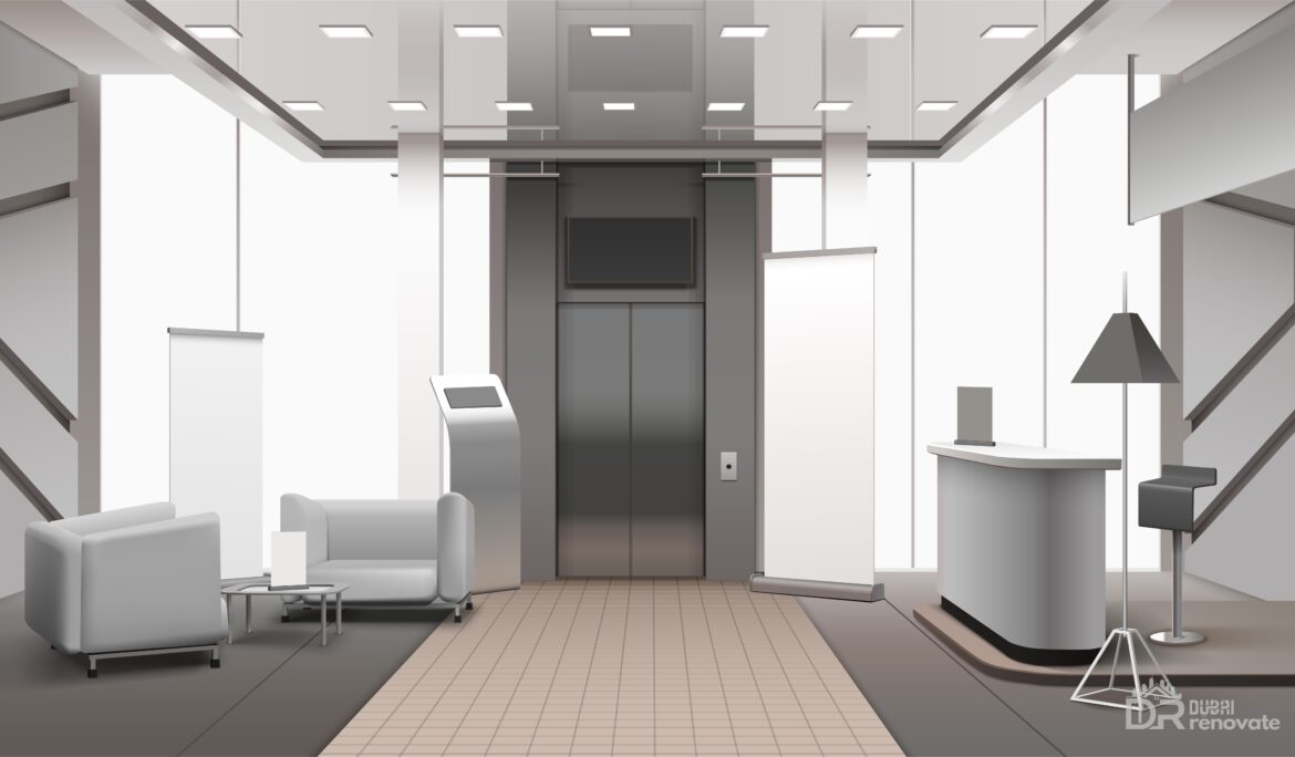 Dubai modern minimalist reception area with elevator lobby