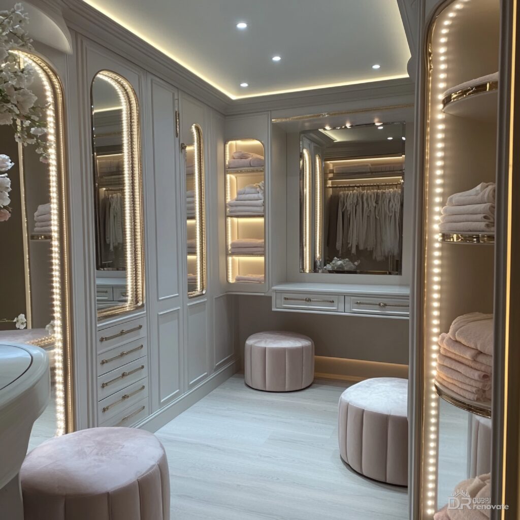Dubai Soft Glam Dressing Room Design | Luxury Joinery & Lighting