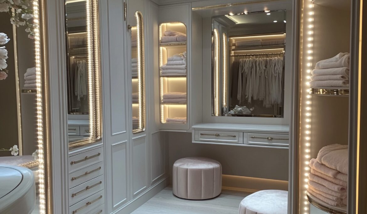 Dubai soft glam dressing room | Compact luxury dressing room with floor-to-ceiling painted joinery