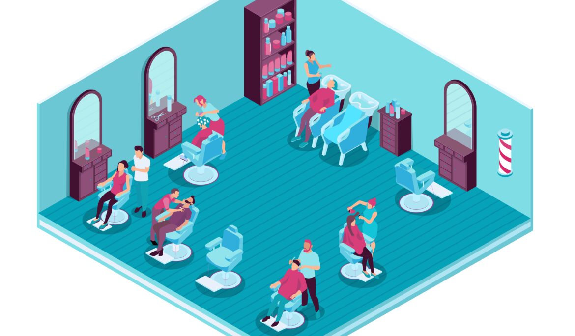 Dubai small salon design ideas | Isometric aqua-toned compact salon with six styling chairs