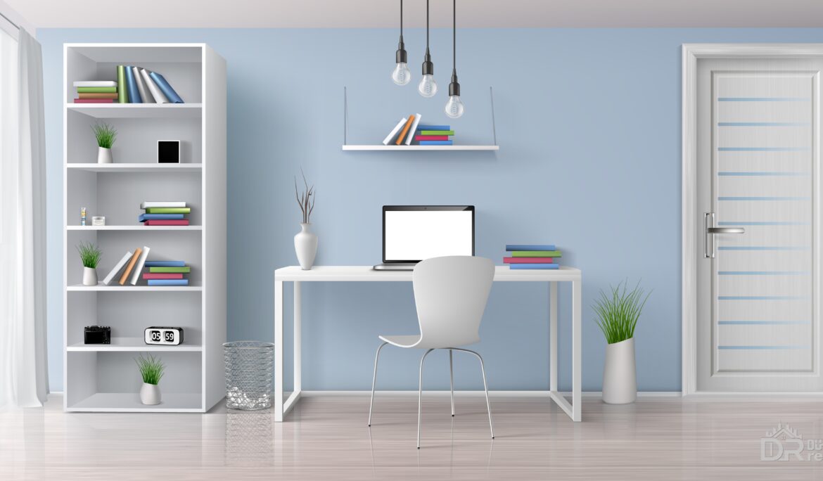 Dubai minimalist light blue office styled with white desk