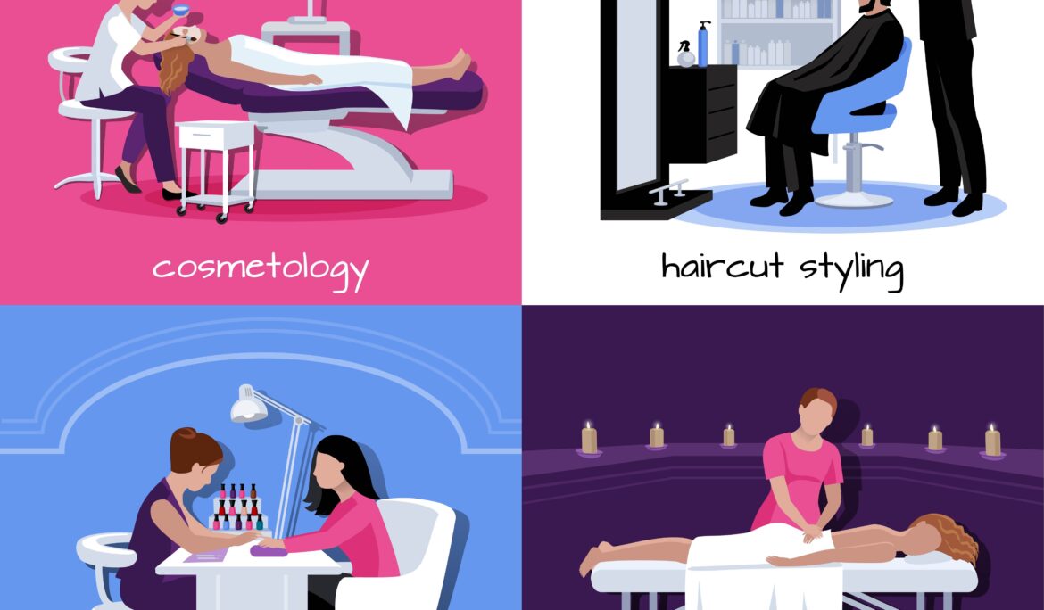 Dubai multi service salon design | Four-panel flat illustration of a multi-service salon with cosmetology bed (pink)