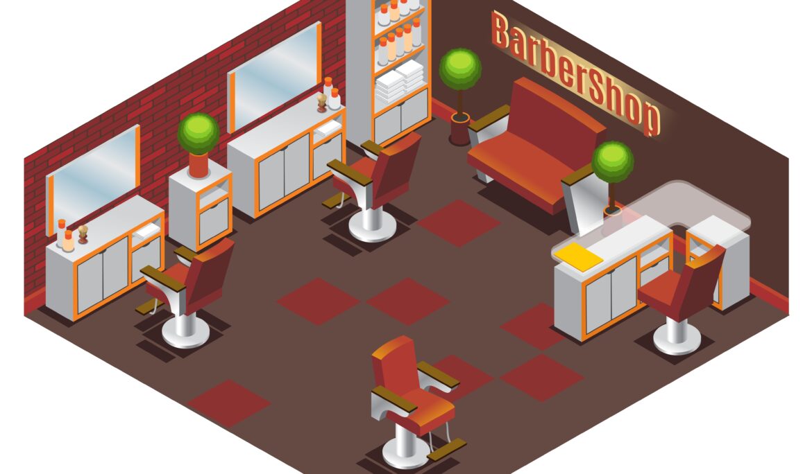 Dubai retro modern barbershop design | Compact retro-modern barbershop interior in Dubai with exposed red brick wall