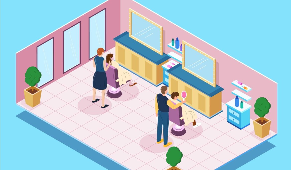 Dubai pastel beauty salon design | Isometric view of a small pastel beauty salon with two mauve styling chairs
