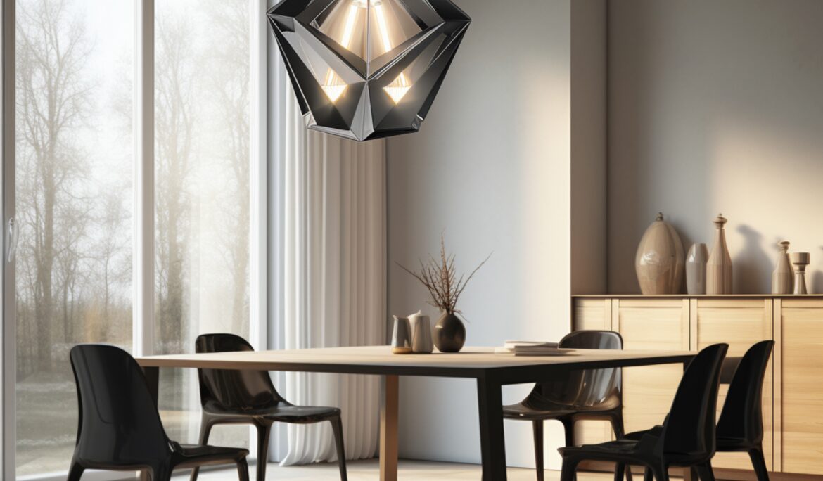 Dubai modern minimalist dining room with geometric black pendant light and herringbone wood floor by DubaiRenovate