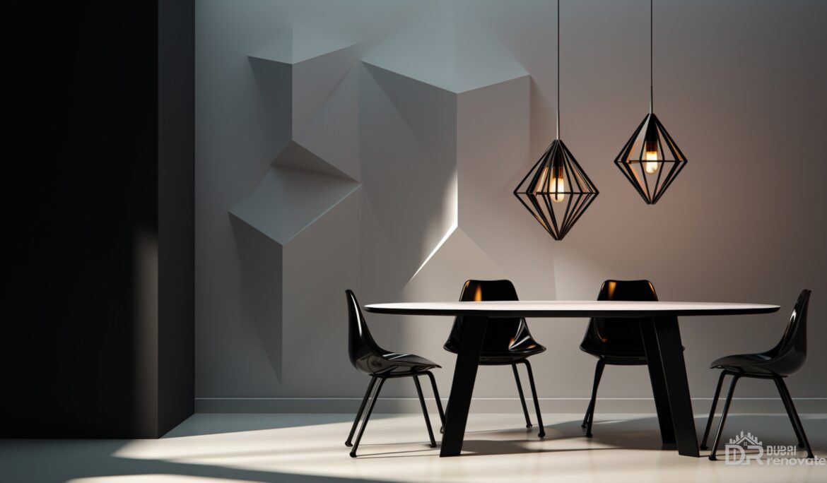 Dubai modern minimalist dining room with 3D geometric wall and black pendant lights by DubaiRenovate