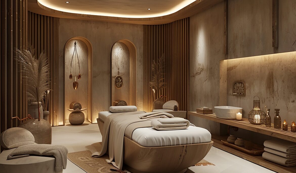 Dubai luxury spa treatment room | Luxury spa treatment room in Dubai with a central rounded massage bed