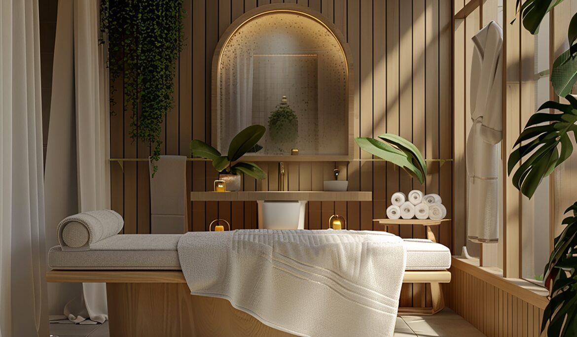 Dubai wood clad spa treatment room | Sunlit spa treatment room with vertical light wood slats continuing to a slatted ceiling