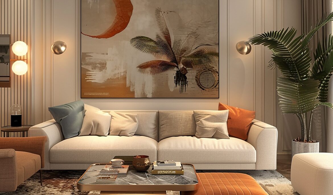 Contemporary Dubai living room design | Contemporary neutral living room in Dubai with light beige three-seater sofa