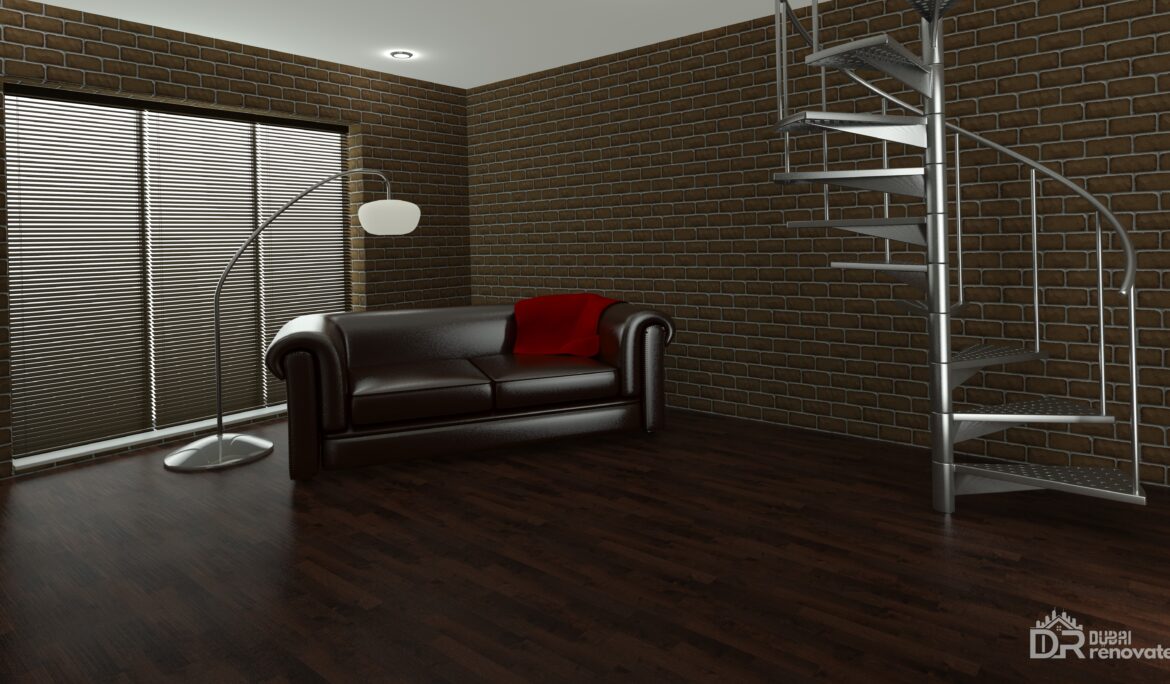 Dubai contemporary minimalist living room spiral staircase dark wood floor by DubaiRenovate with black leather sofa