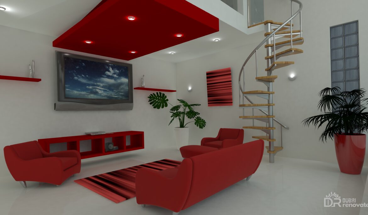 Dubai contemporary white living room with red accent ceiling and spiral staircase by DubaiRenovate with red sofa