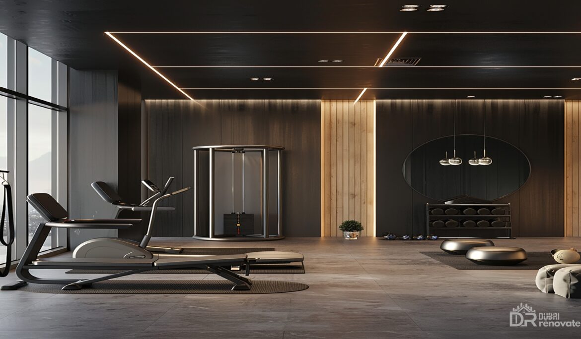 Dubai modern dark gym studio with linear LED ceiling lights and wood accent wall by DubaiRenovate for a premium boutique fitness interior in Dubai