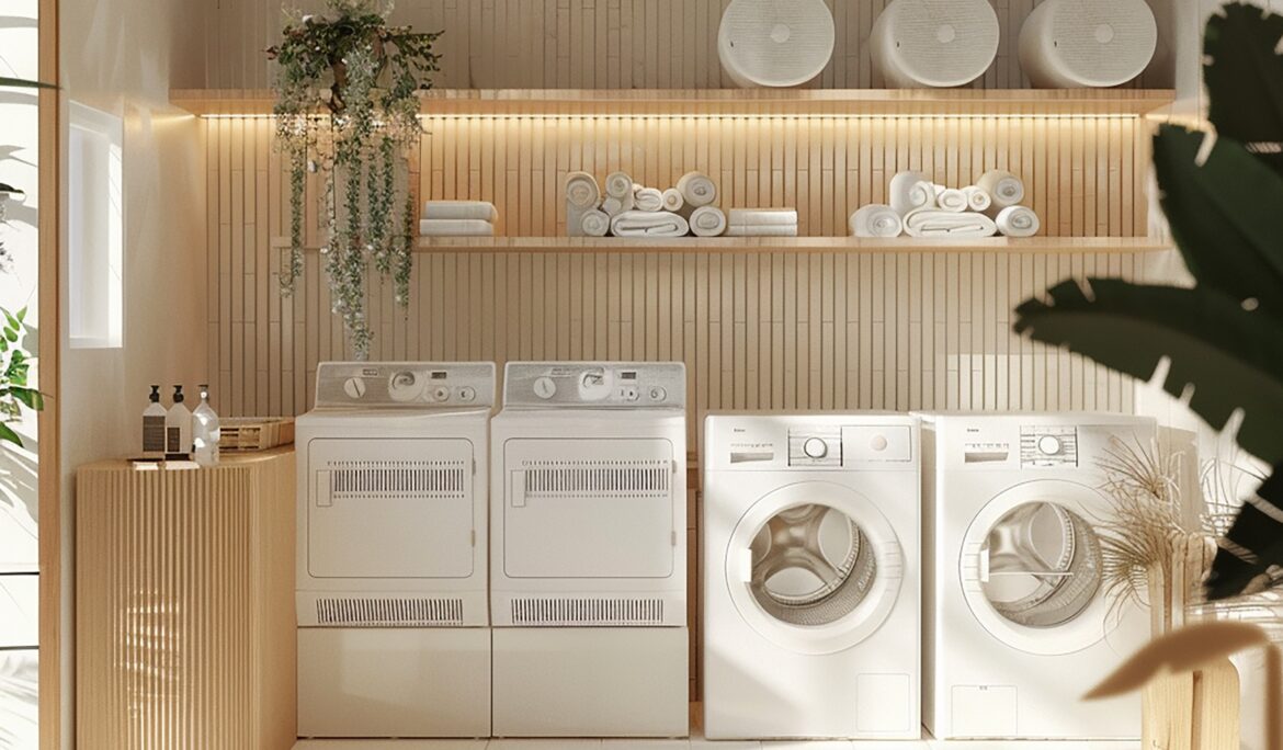 Dubai minimalist luxury laundry room with slatted wood wall and warm LED floating shelves — photo by DubaiRenovate