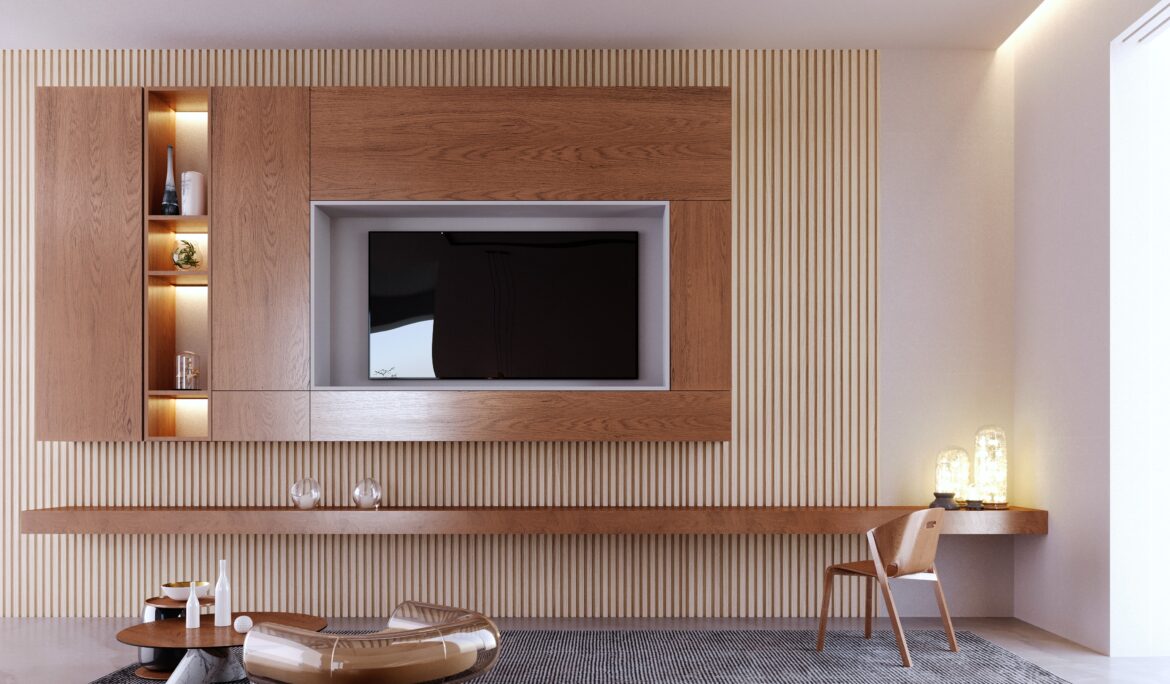Dubai warm wood TV wall showing vertical slatted joinery