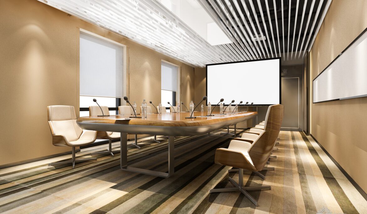 Dubai modern conference meeting room with slatted ceiling and long boardroom table by DubaiRenovate