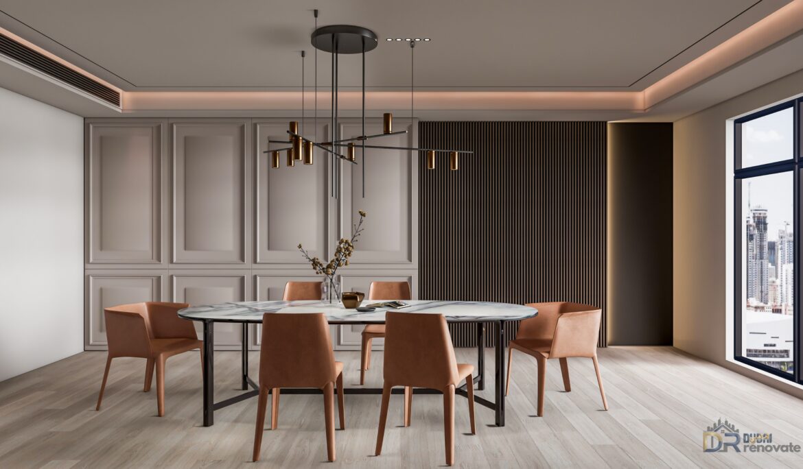 Dubai modern dining room with oval marble look table