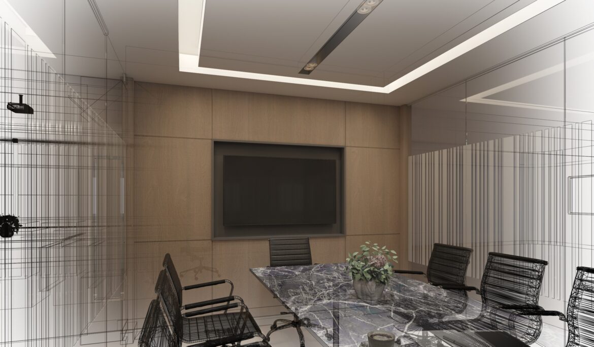 Dubai modern conference room marble look table recessed LED ceiling | Dubai modern conference room marble-look table recessed LED ceiling by DubaiRenovate with beige panel wall