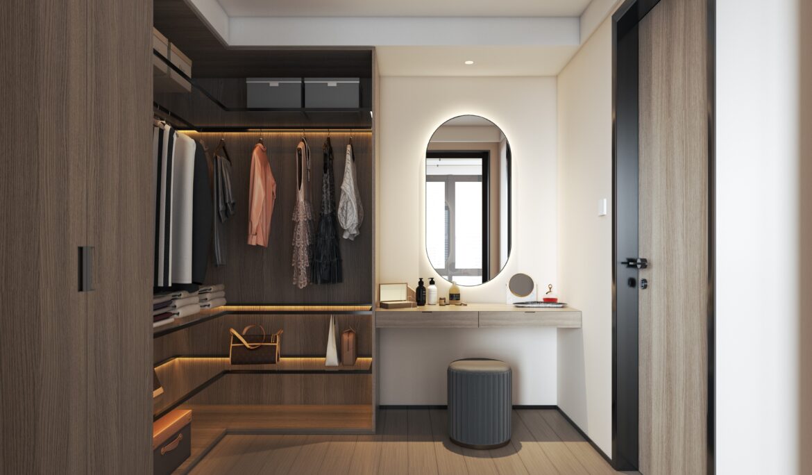 Dubai modern walk in closet wood wardrobes arched vanity mirror warm LED lighting | Dubai modern walk-in closet wood wardrobes arched vanity mirror warm LED lighting by DubaiRenovate