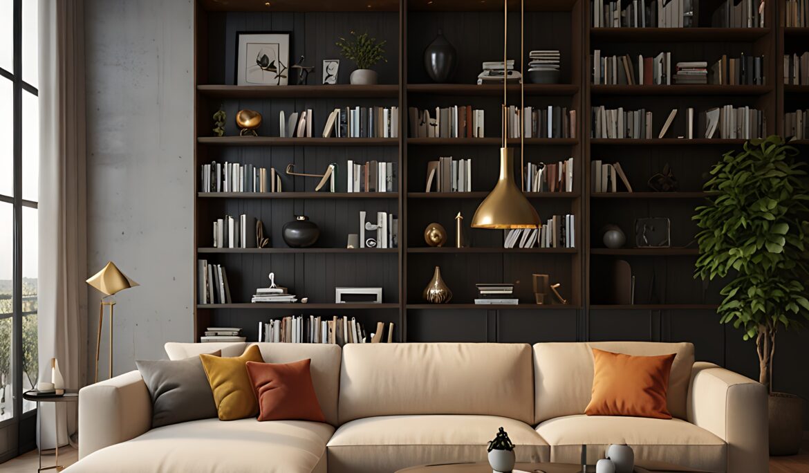 Modern beige living room Dubai Floortoceiling dark | Loft-style modern beige living room with L-shaped beige sectional