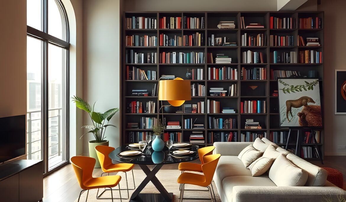 Dubai modern loft living design | Open-plan loft living room with floor-to-ceiling dark wood bookshelf