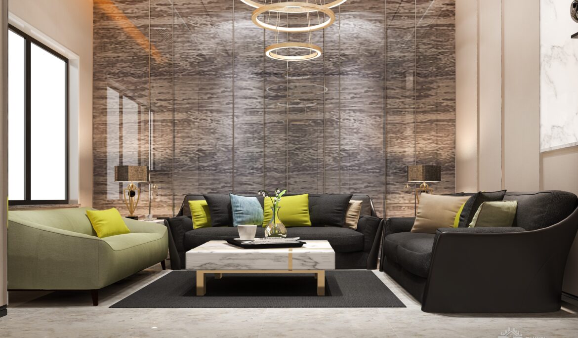 Dubai modern luxury living room grey veined feature wall ring chandelier by DubaiRenovate featuring full-height slab wall and multi-ring chandelier