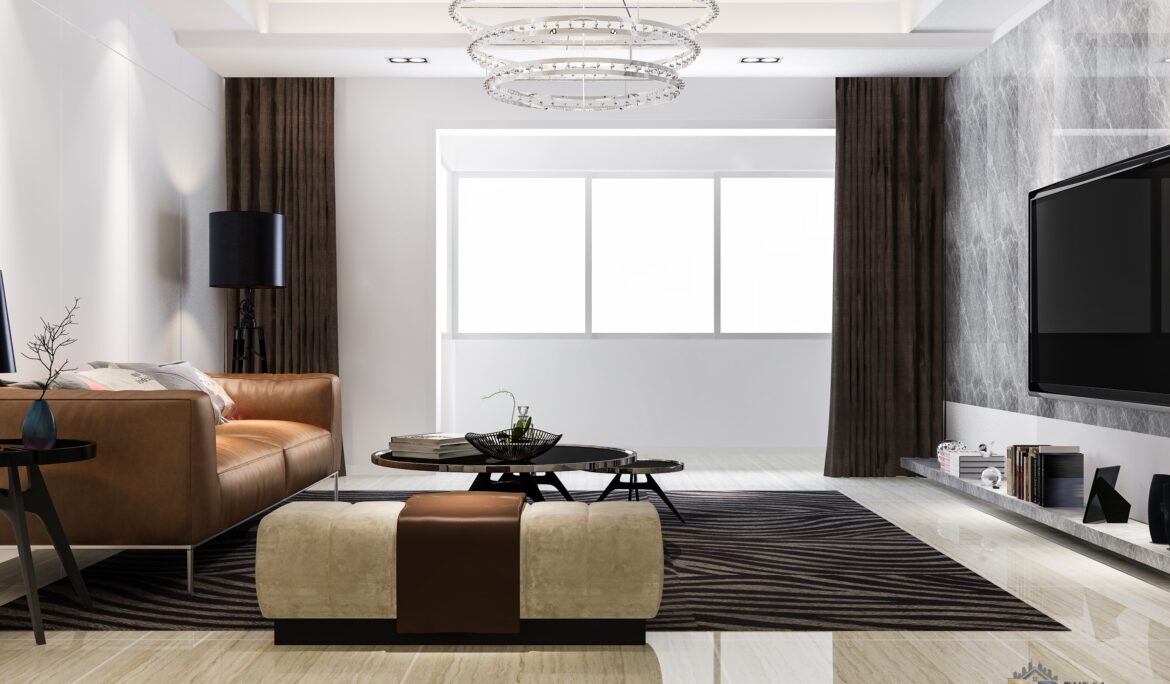 Dubai modern luxury living room chandelier marble TV wall by DubaiRenovate with multi-ring chandelier