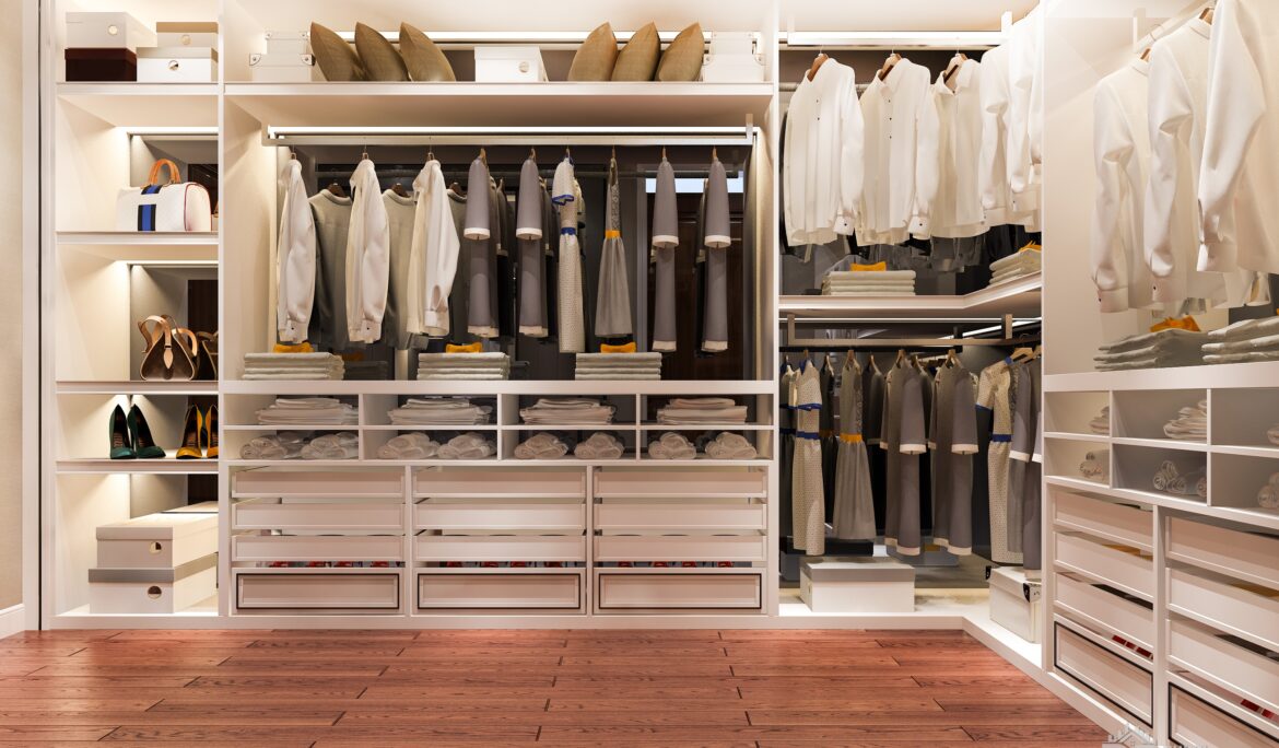 Dubai luxury white walk in closet with LED lighting and wood floor | Dubai luxury white walk-in closet with LED lighting and wood floor by DubaiRenovate
