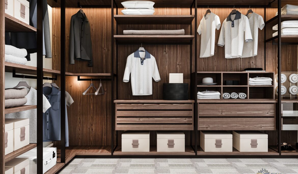Dubai minimal Scandinavian walk in closet warm wood black metal | Dubai minimal Scandinavian walk-in closet warm wood black metal by DubaiRenovate featuring matte black open wardrobe