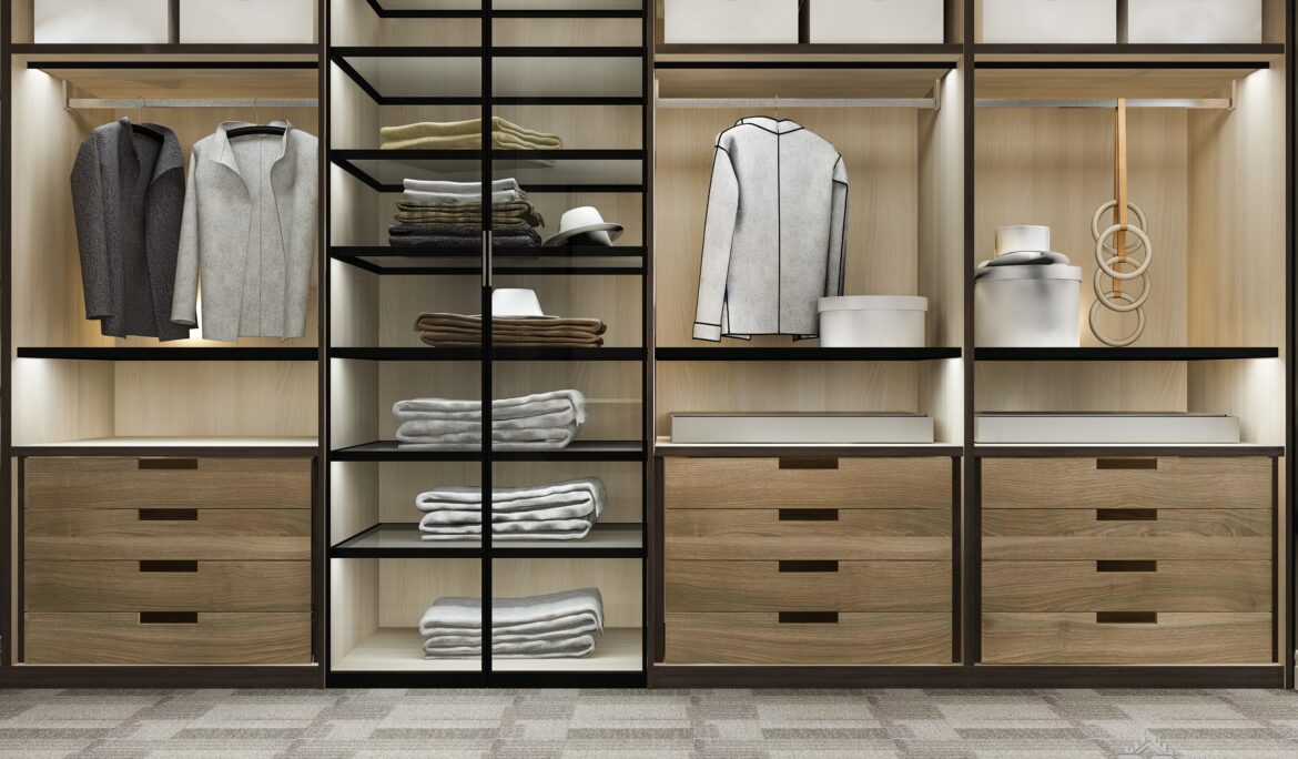 Dubai minimalist black frame wood walk in closet with LED lighting | Dubai minimalist black frame wood walk-in closet with LED lighting by DubaiRenovate