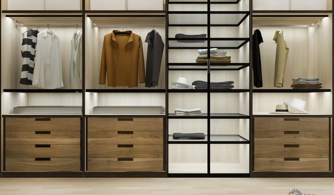 Dubai minimal Scandinavian walk in closet with black frame and oak drawers | Dubai minimal Scandinavian walk-in closet with black frame and oak drawers by DubaiRenovate