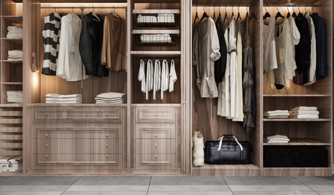 Dubai minimal Scandinavian wood walk in closet with warm LED wardrobe lighting | Dubai minimal Scandinavian wood walk-in closet with warm LED wardrobe lighting by DubaiRenovate