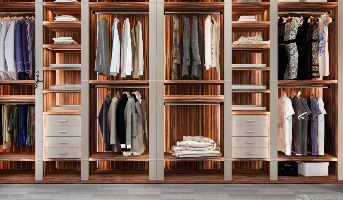 Dubai warm wood open walk in closet with grey drawers | Dubai warm wood open walk-in closet with grey drawers by DubaiRenovate featuring modular open bays
