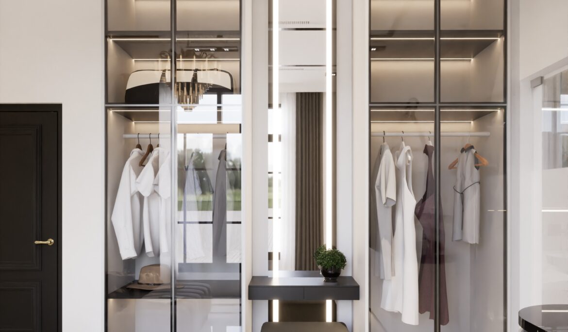 Dubai luxury walk closet design | Symmetrical luxury walk-in closet with smoked glass-front wardrobes
