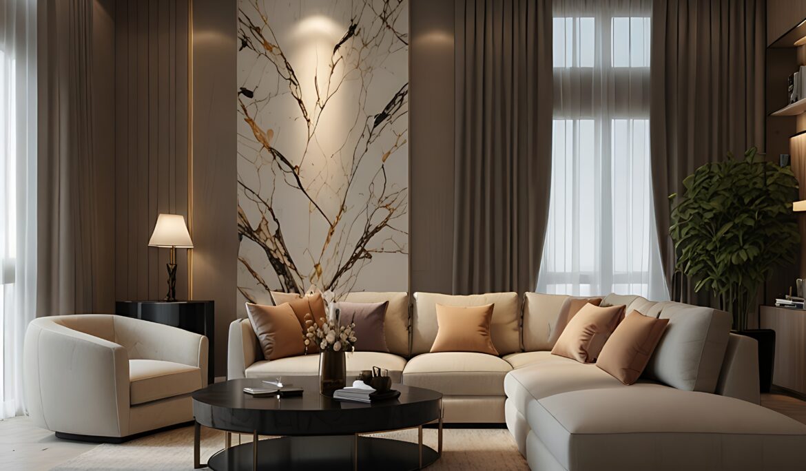 Dubai modern beige living room Marble feature | Modern beige living room with L-shaped sofa and tall marble feature panel with gold-brown veining - DubaiRenovate