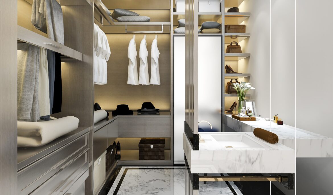 Dubai modern Scandinavian closet design | Narrow high-end Scandinavian walk-in closet in Dubai with white marble floor and black border
