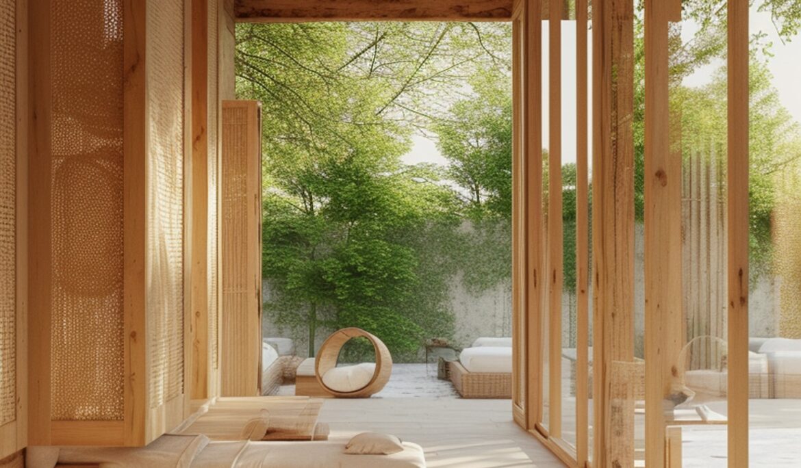 Zen wooden spa Dubai lounge | Sunlit timber spa lounge with low platform daybeds