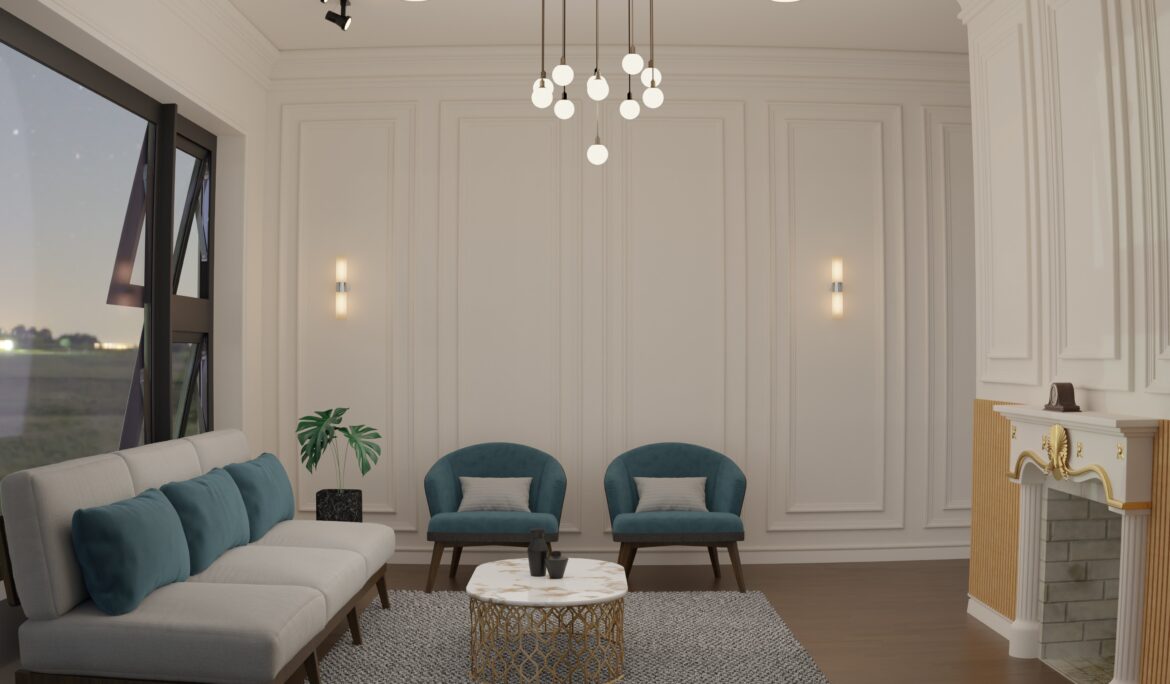 Dubai classic white wall panelling living room with teal chairs and globe pendant by DubaiRenovate