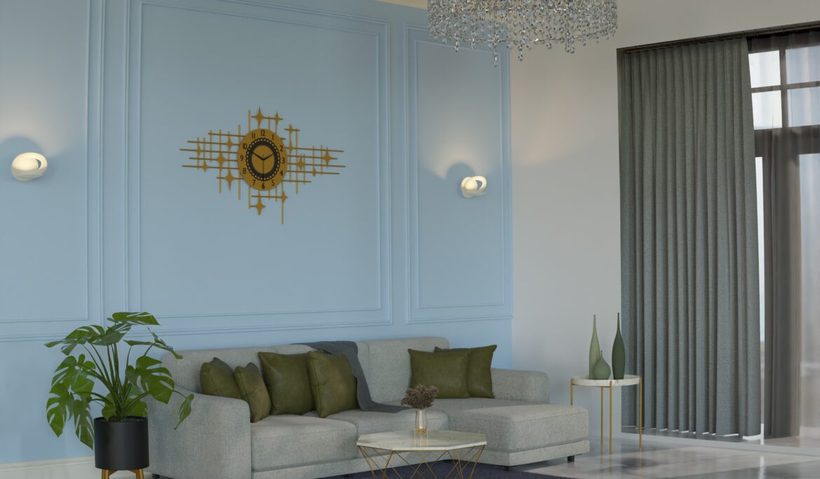 Dubai pale blue paneled living room with light grey sofa