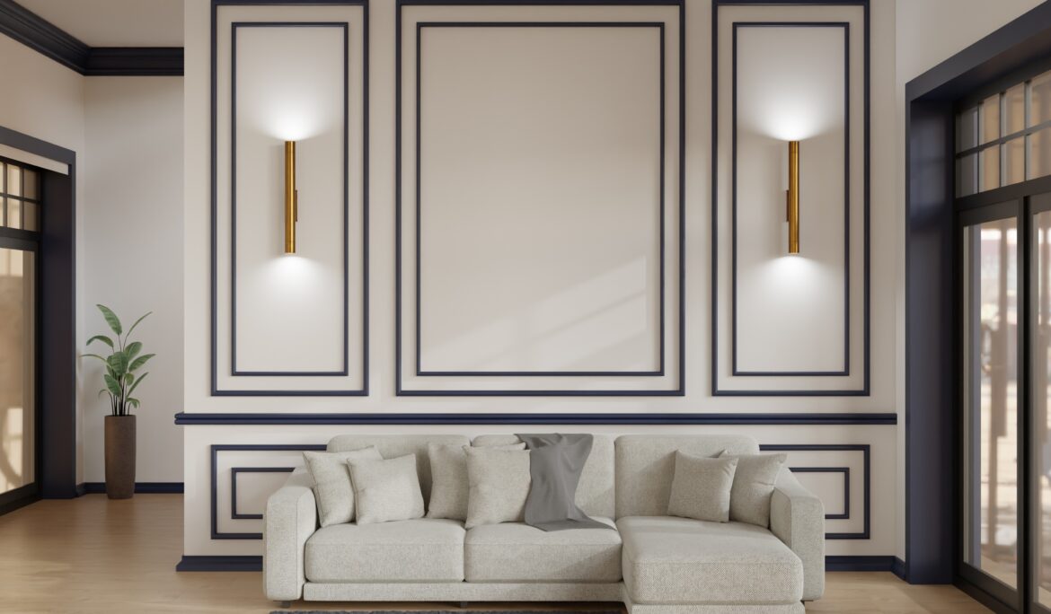 Dubai classic living room with feature panelling and brass sconces by DubaiRenovate