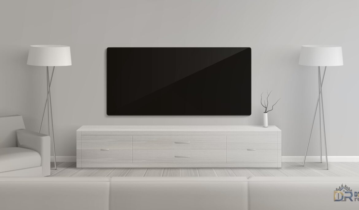Dubai minimalist grey living room framed TV and white console — DubaiRenovate