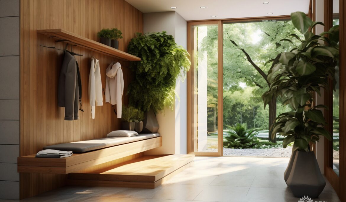 Dubai warm wood entryway with floating bench and plants - DubaiRenovate