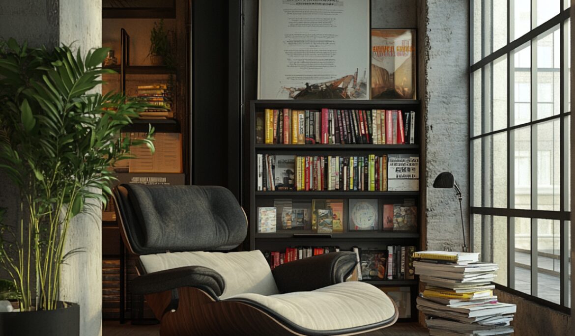Dubai industrial reading nook design | Industrial reading nook with curved lounge chair