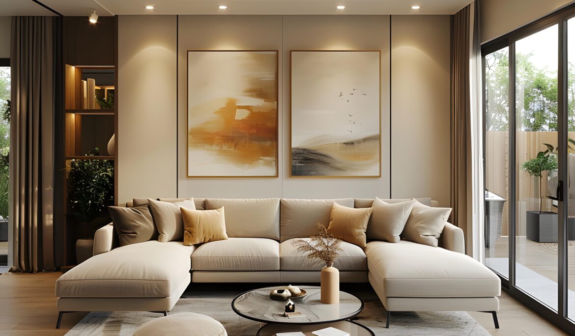 Contemporary neutral living room Dubai | Bright contemporary neutral living room in Dubai with large L-shaped beige sectional