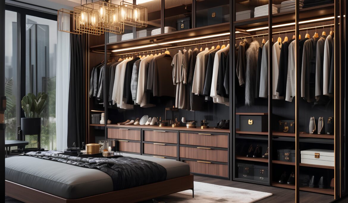 Dubai modern walk in wardrobe | Luxurious master bedroom with full-wall glass-front wardrobe