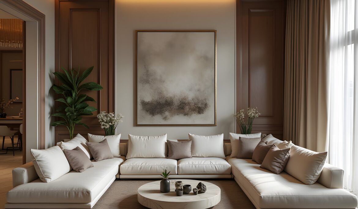 Modern luxury living room Dubai | Elegant modern luxury living room in Dubai with cream U-shaped sectional