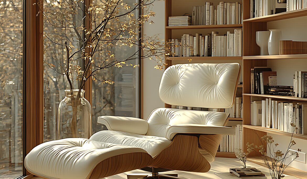 Dubai sunlit reading nook design | Sunlit reading nook with cream tufted lounge chair and ottoman by floor-to-ceiling wooden-framed windows