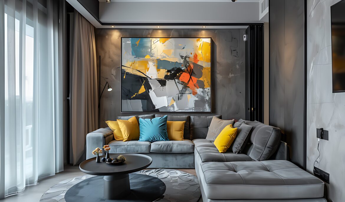 Modern Grey Living Room Dubai | Modern grey living room with L-shaped tufted sofa