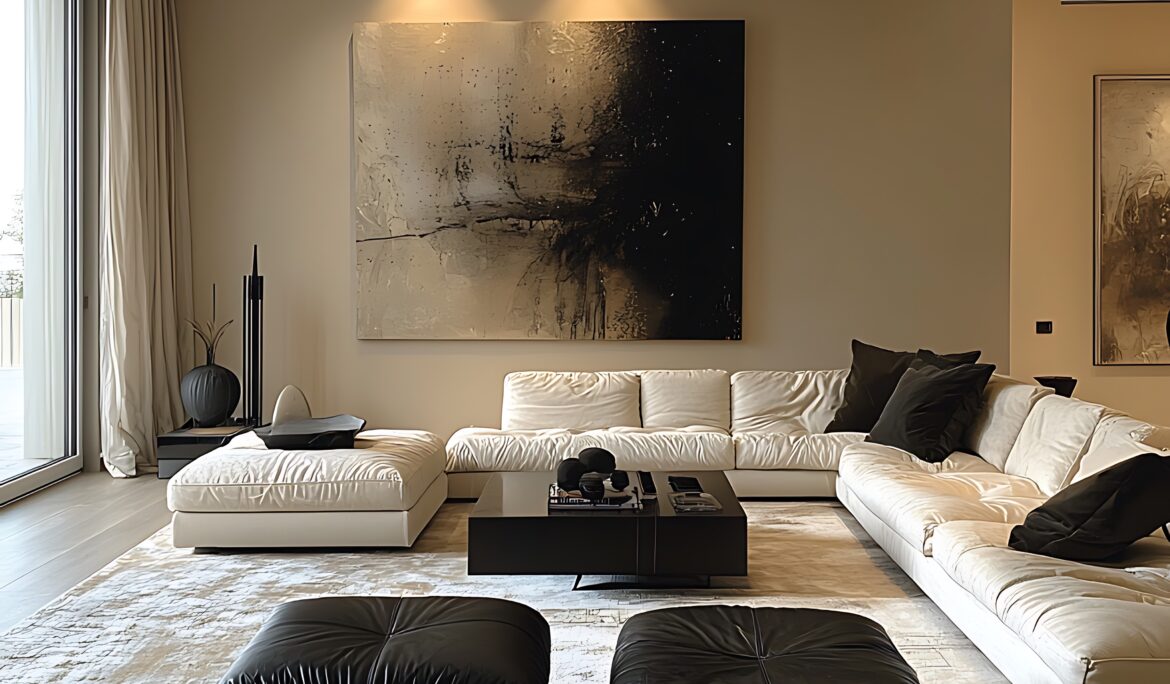 Dubai contemporary beige living room | Spacious contemporary beige living room with a large white L-shaped sectional
